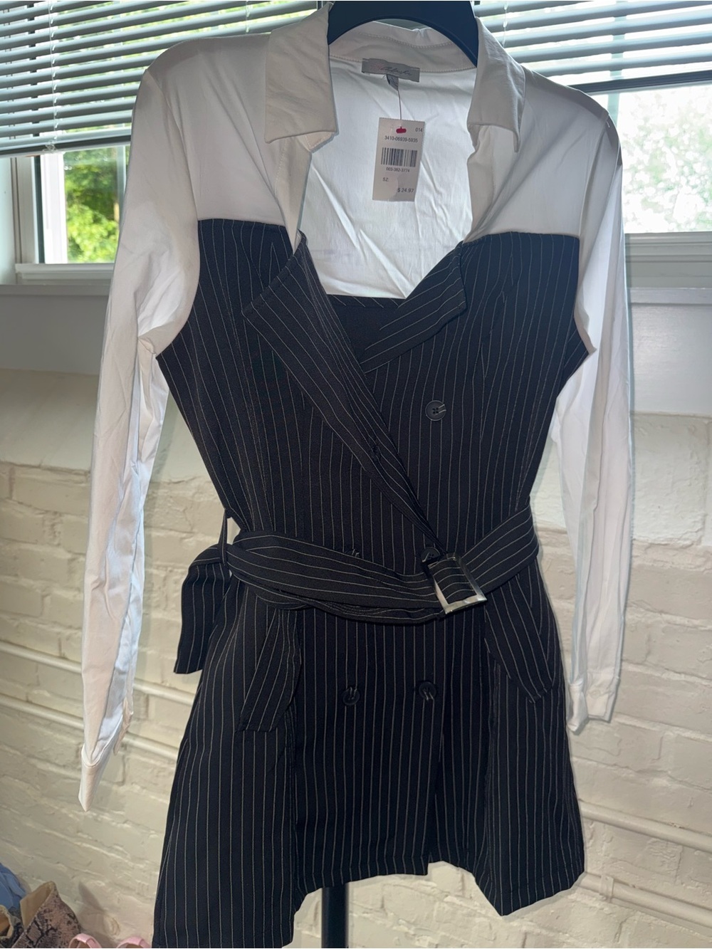 Pinstripe Wrap Dress with White Shirt Detail